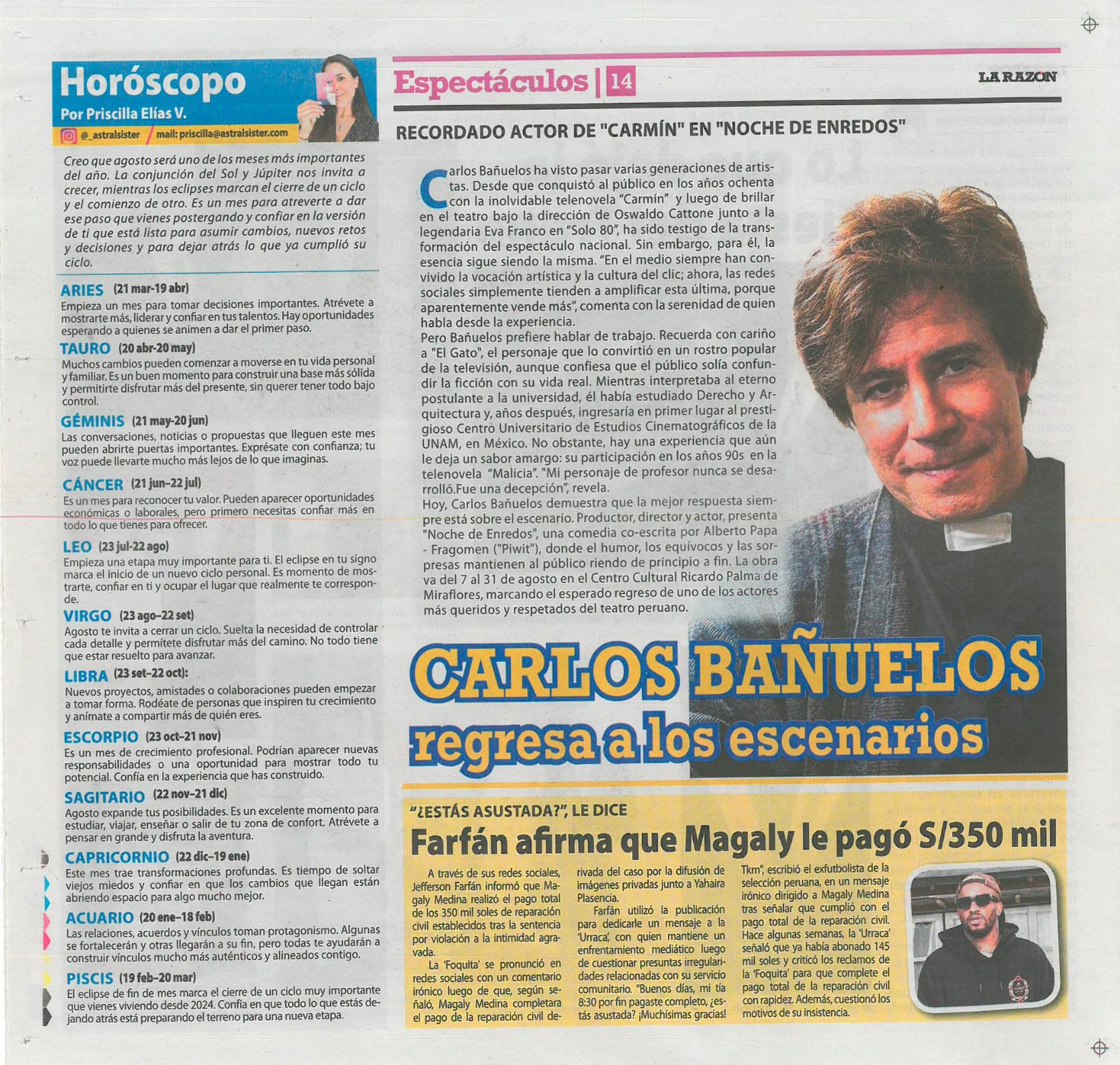Artículo de La Razón sobre el regreso de Carlos Bañuelos a los escenarios con Noche de Enredos