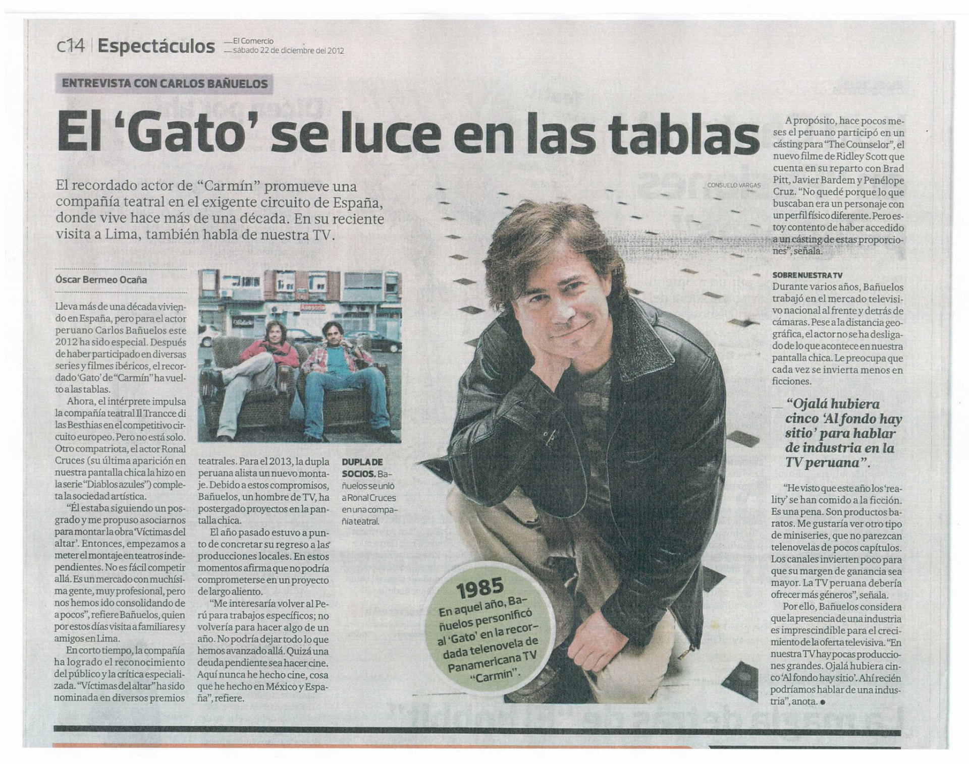 Entrevista a Carlos Bañuelos en El Comercio: «El ‘Gato’ se luce en las tablas» (2012)